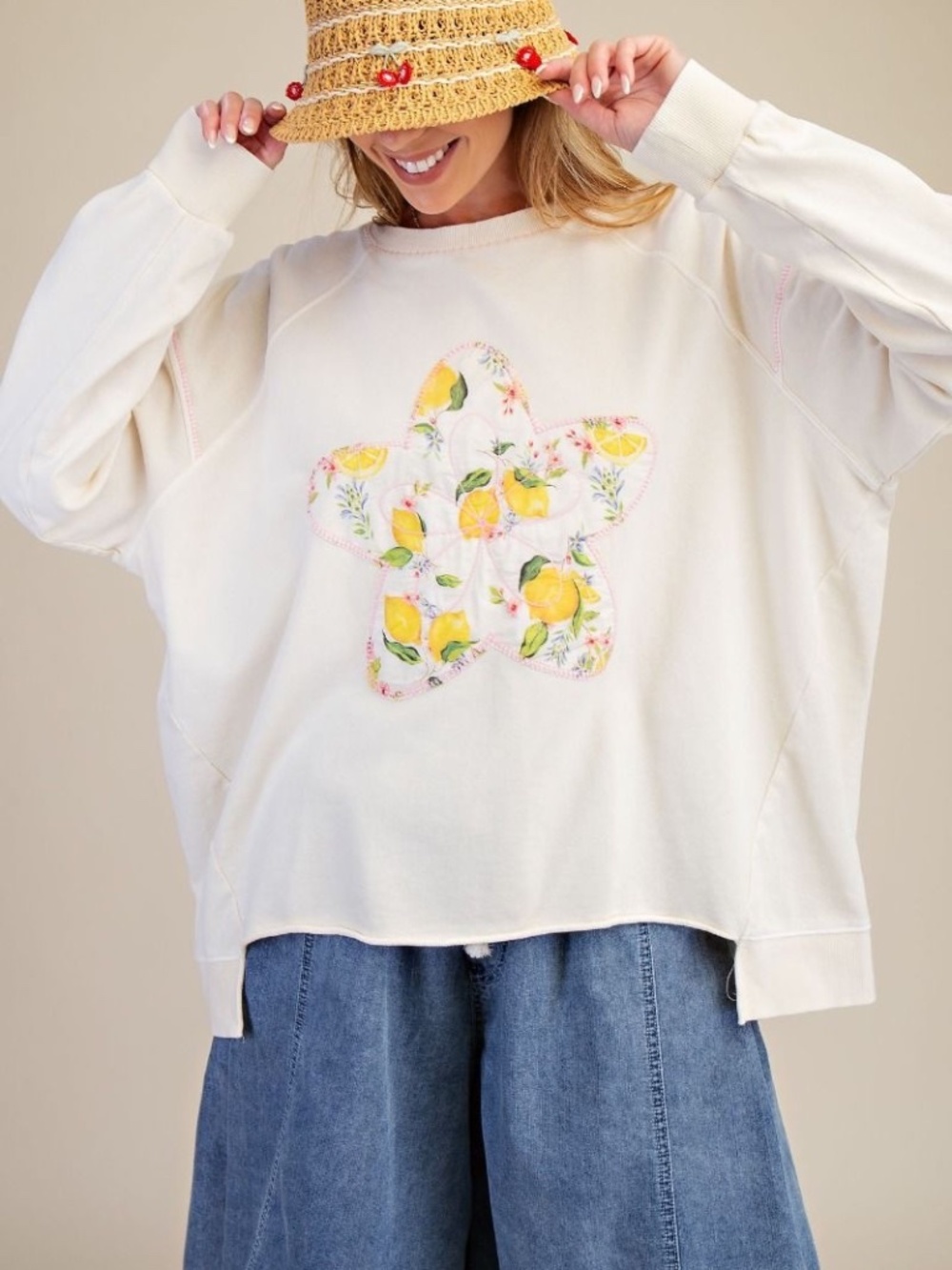 New Easel Women's Star Patchwork Pullover Knit Top Sweatshirt Floral Relaxed Fit